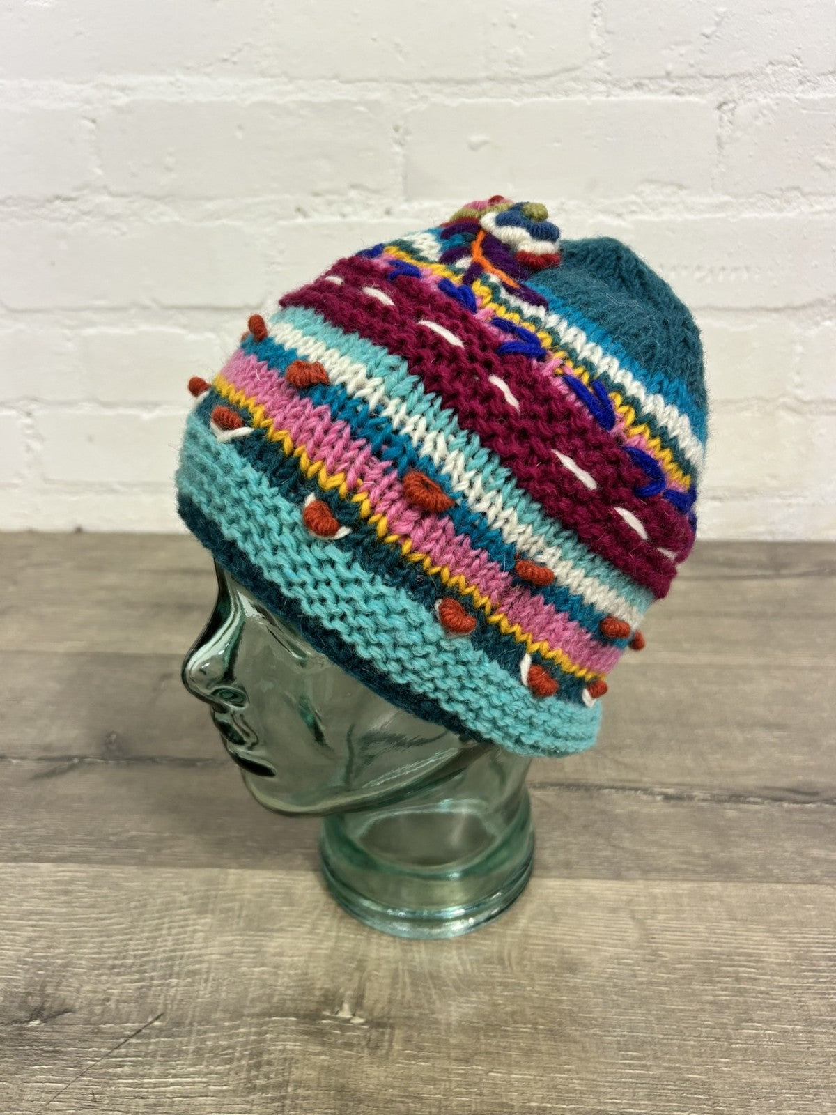 Flower and Patterned Knitted Wool Beanie