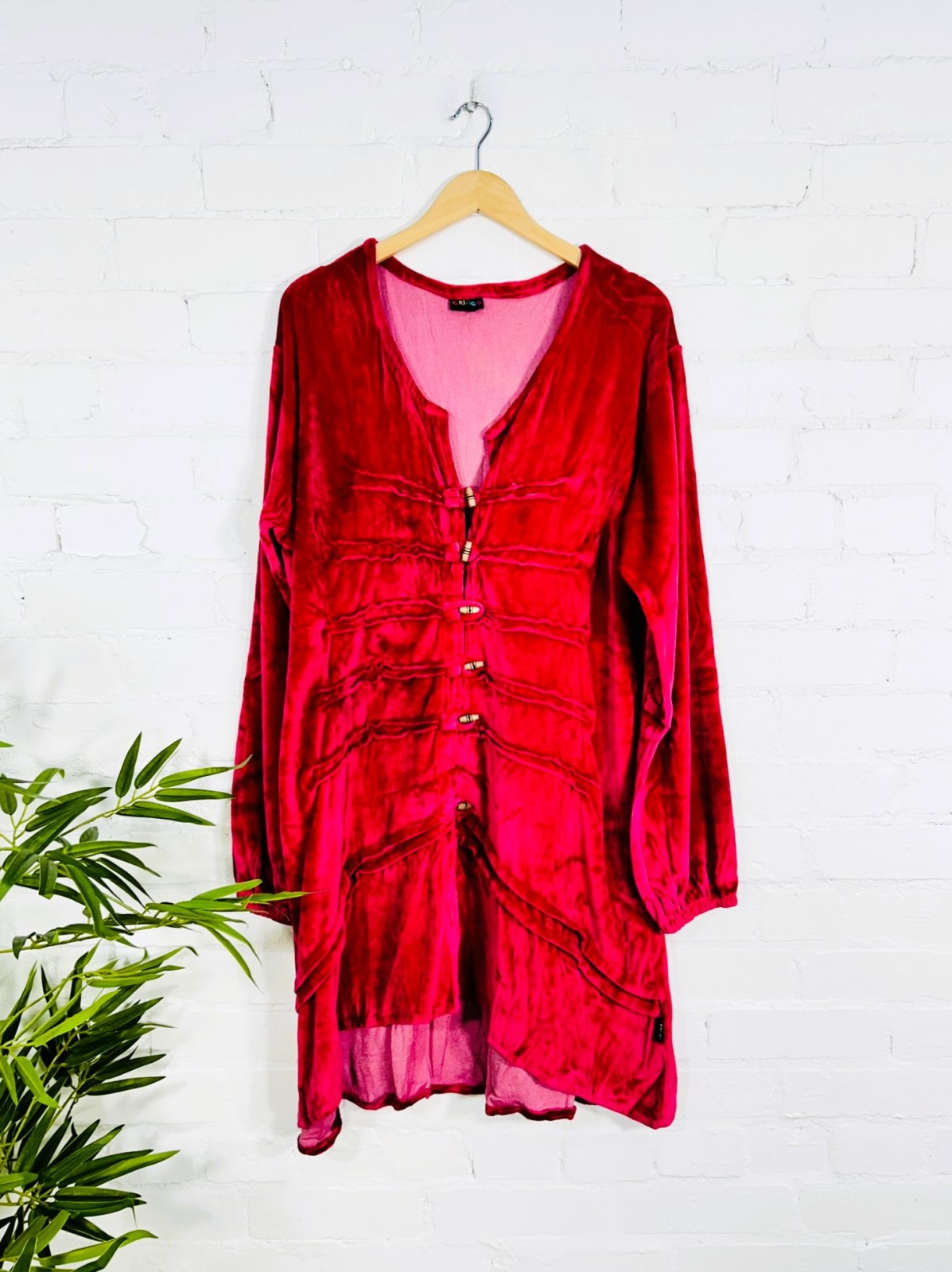 Velvet V Neck Long Sleeve Buttoned Midi Dress