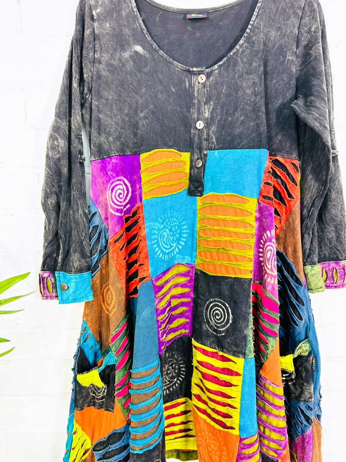 Multi Patch Slash Long Sleeve Short Dress