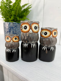 Set of Three Wooden Owls
