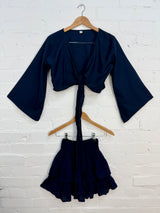 Plain Short Skirt And Tie Top Set