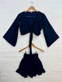 Plain Short Skirt And Tie Top Set