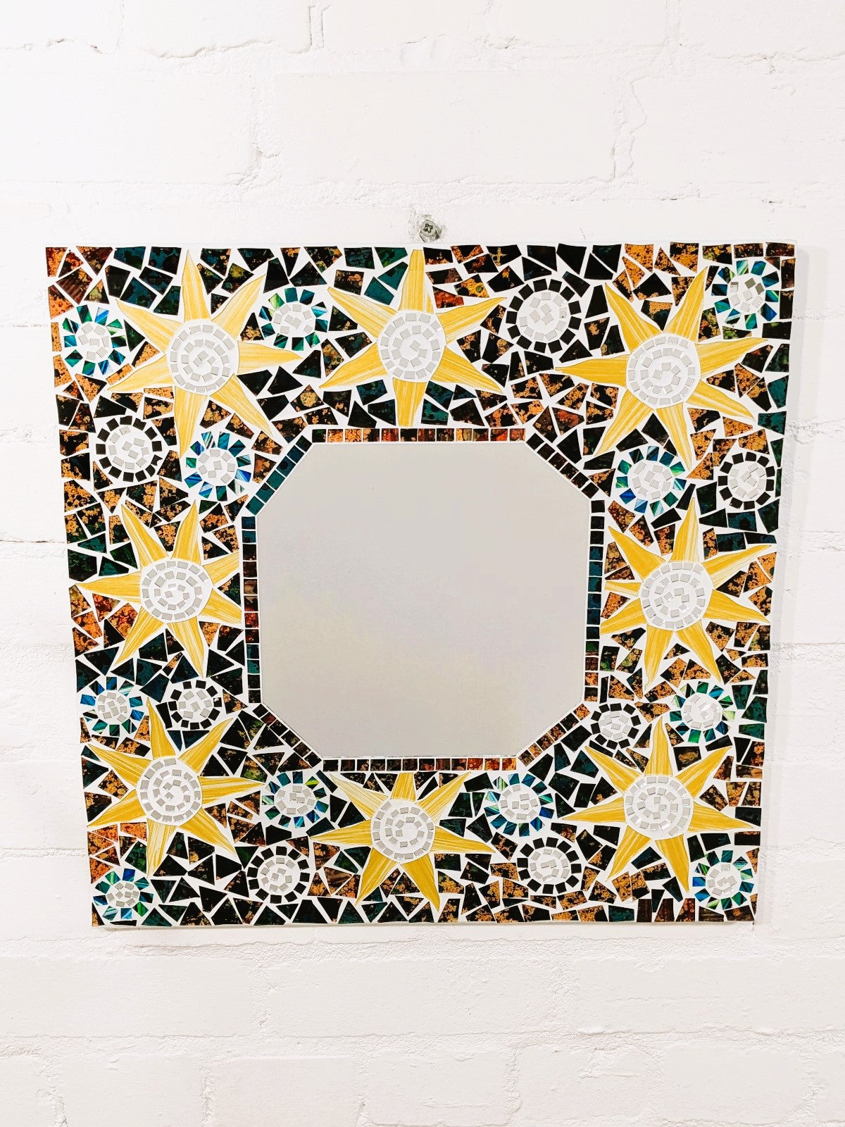 Square Mosaic Sun Mirror Brown