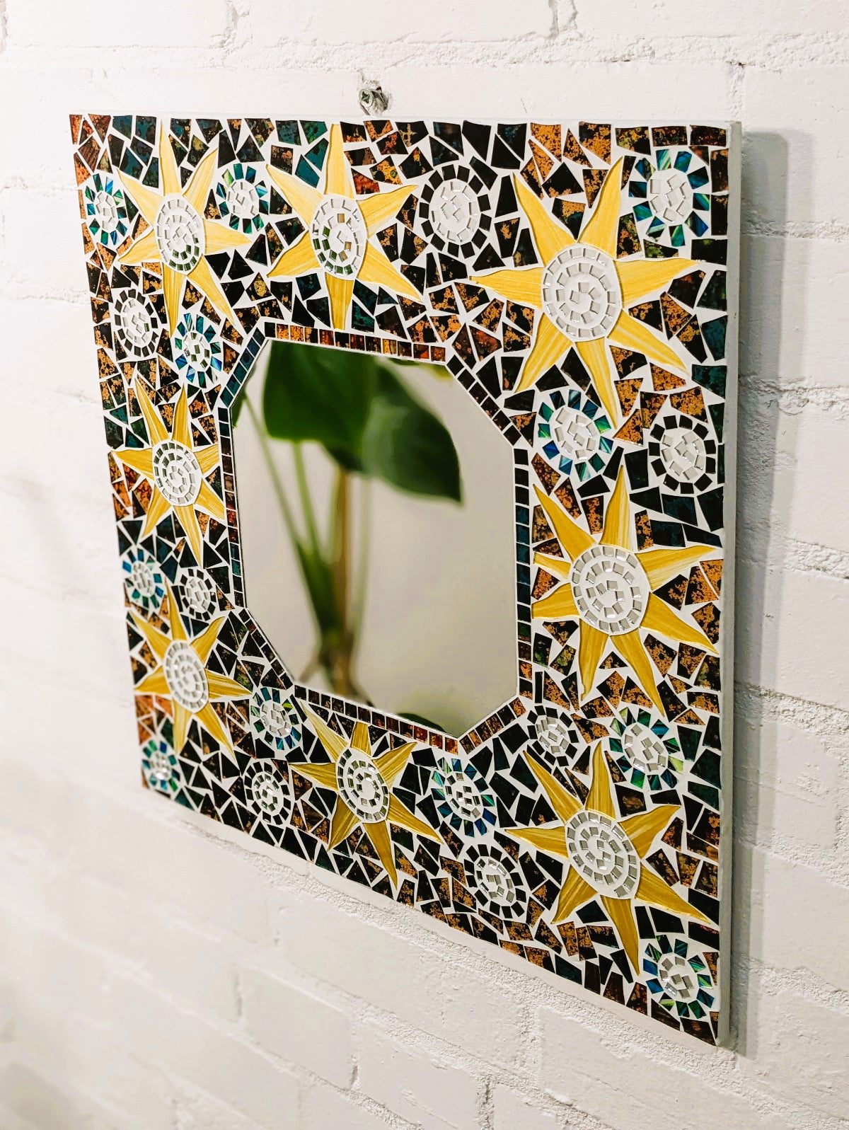 Square Mosaic Sun Mirror Brown