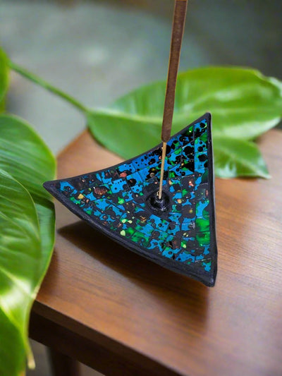 Blue Speckled Mosaic Triangle Incense Holder