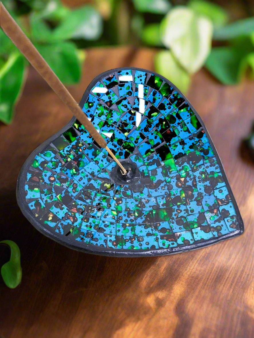 Blue Speckled Mosaic Heart Incense Holder