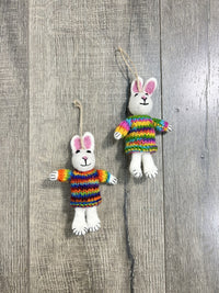 Felt Hanging Rabbit In Rainbow Jumper