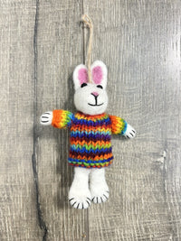 Felt Hanging Rabbit In Rainbow Jumper