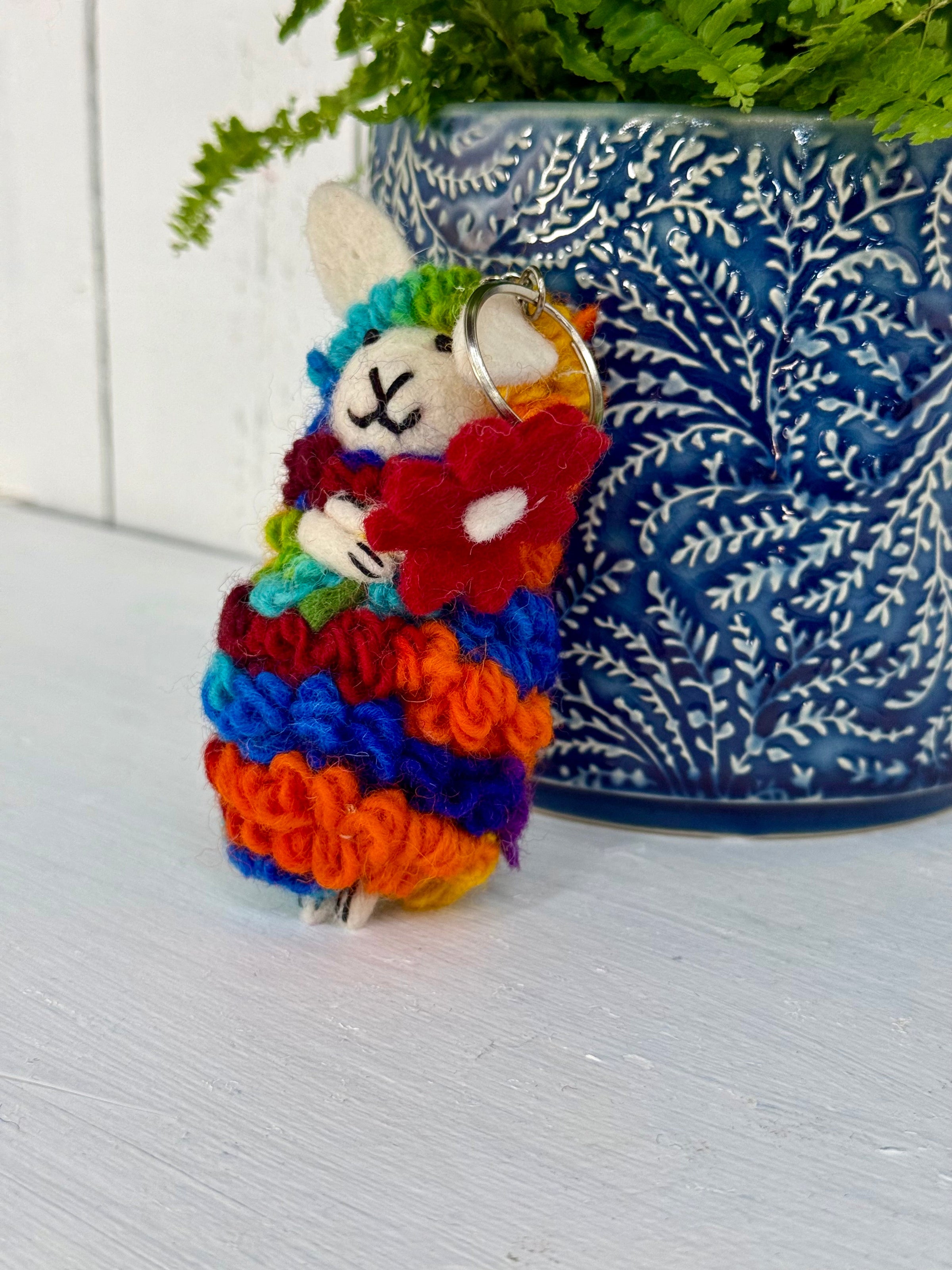 Felt Rainbow Sheep with Flower Keyring