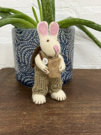 Felt Rabbit In Dungarees With Book & Bag