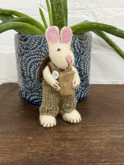 Felt Rabbit In Dungarees With Book & Bag