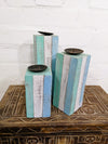 Set Of 3 Square Blue & White Candle Holders