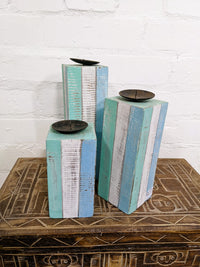 Set Of 3 Square Blue & White Candle Holders