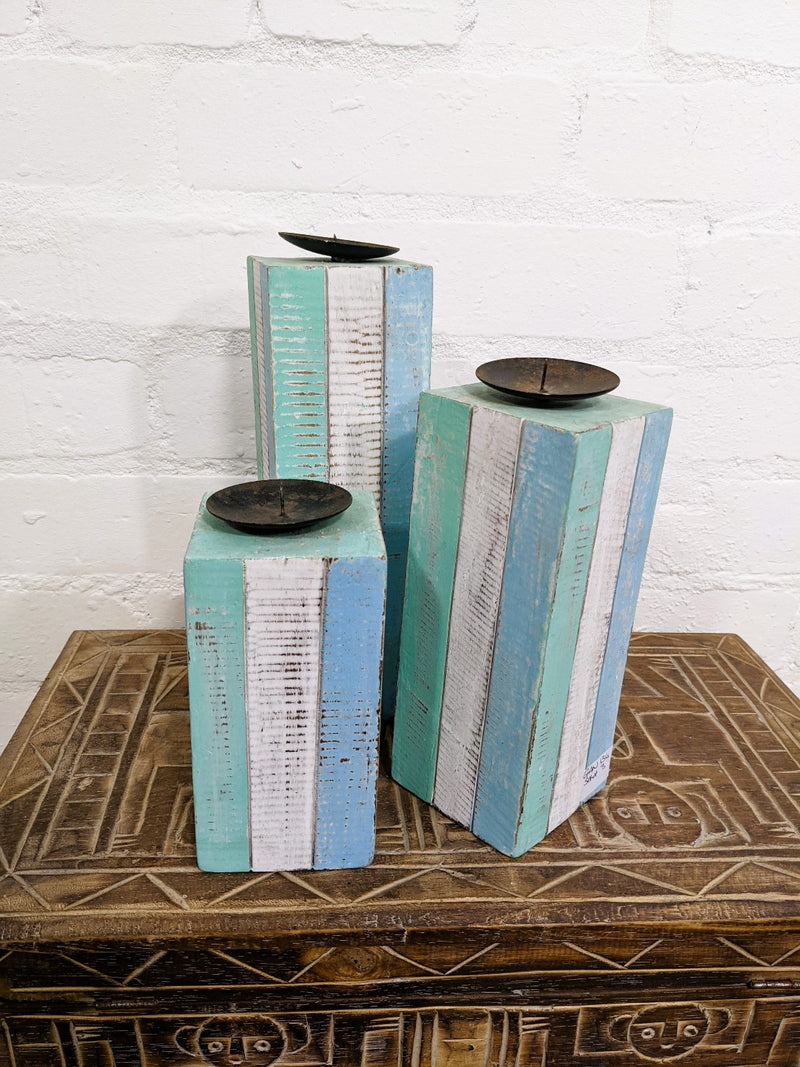 Set Of 3 Square Blue & White Candle Holders