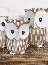 Set Of Three Natural/White Wash Owls