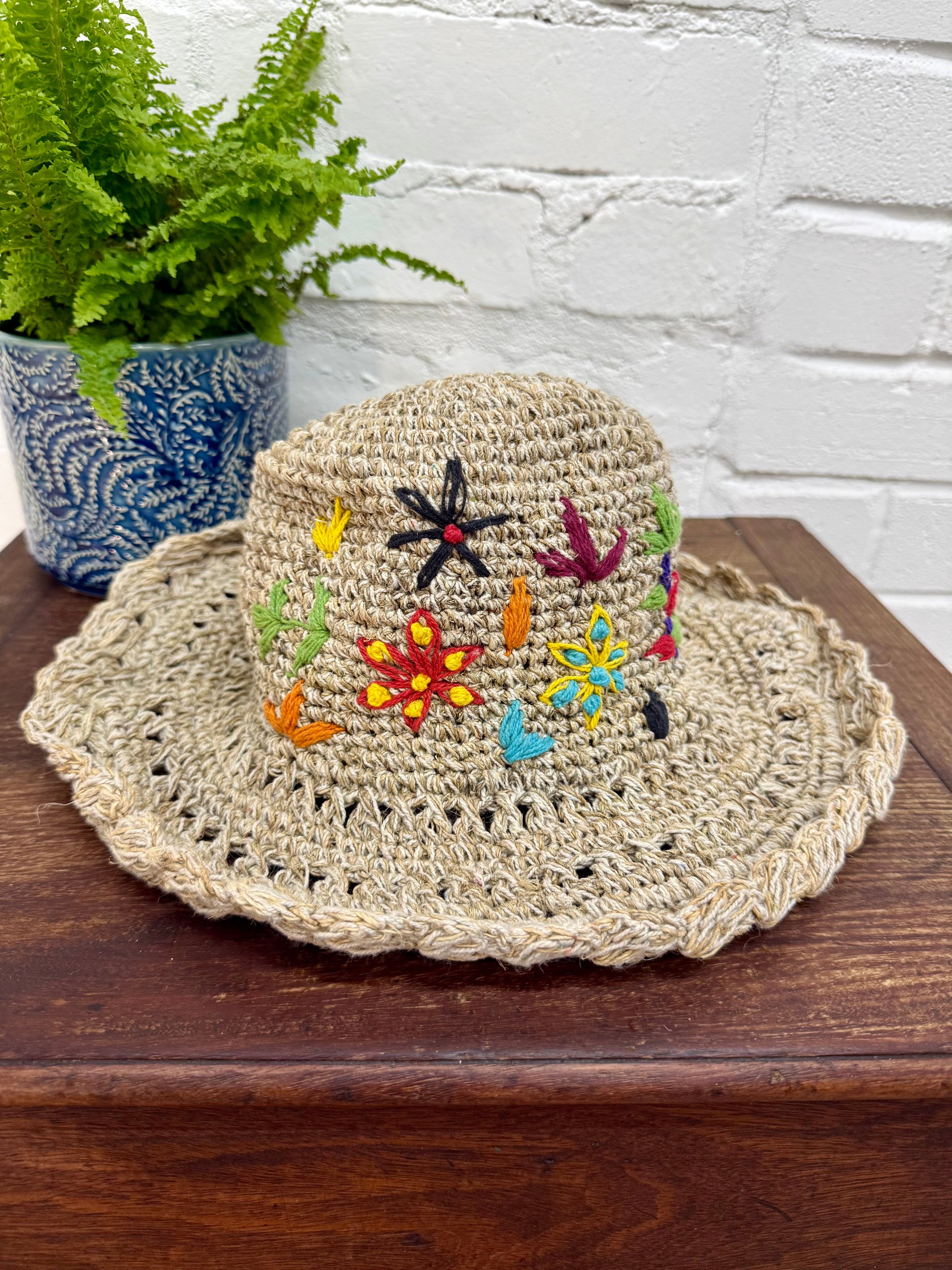 Flower Embroidered Hemp Sun Hat