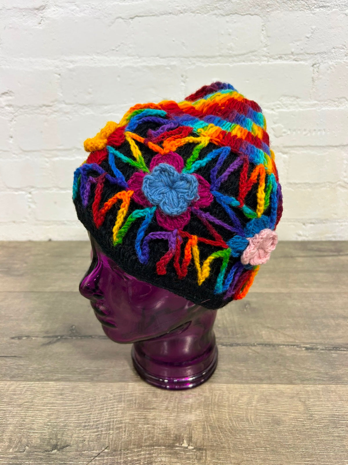 Flower and Rainbow Tassel Wool Hat