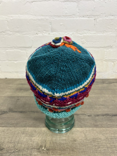 Flower and Patterned Knitted Wool Beanie