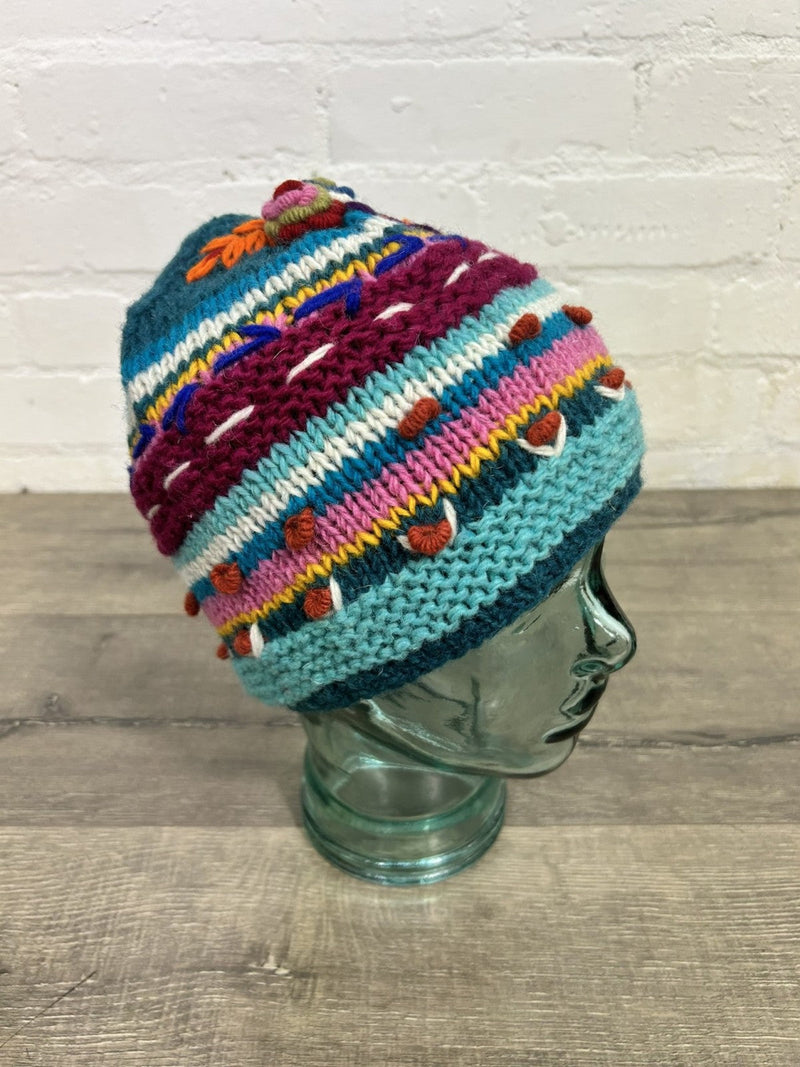 Flower and Patterned Knitted Wool Beanie