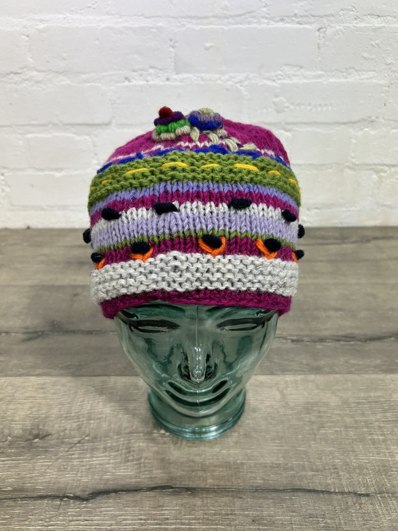 Flower and Patterned Knitted Wool Beanie