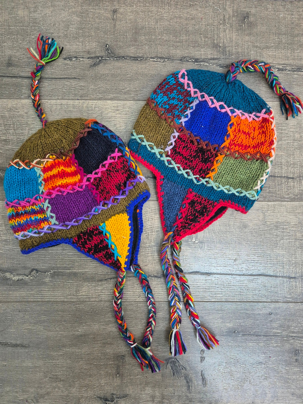 Ear Flap Patchwork Hat with Cross Stitch Embroidery