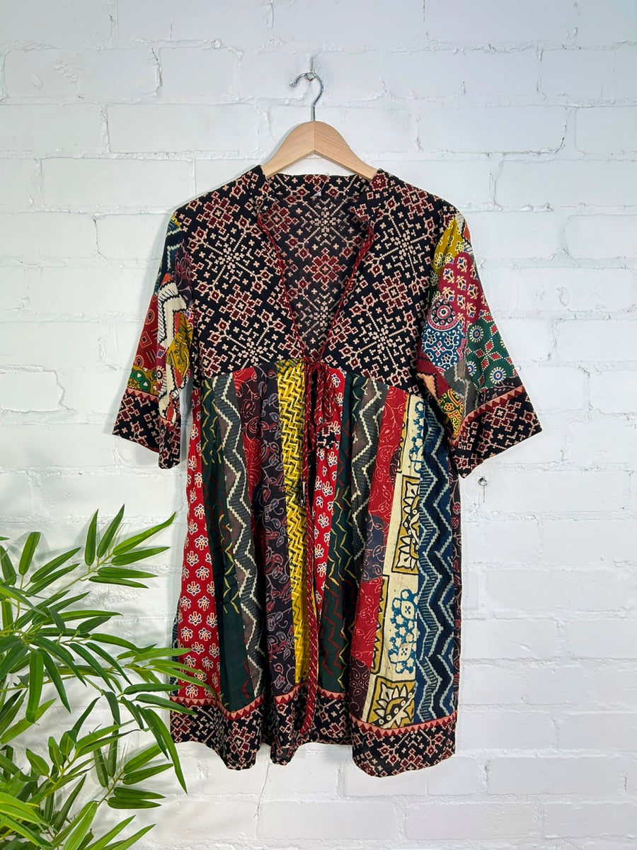 Patchwork Cropped Sleeve Tie Front Top