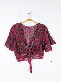 Recycled Sari Silk Short Sleeve Tie Front Top