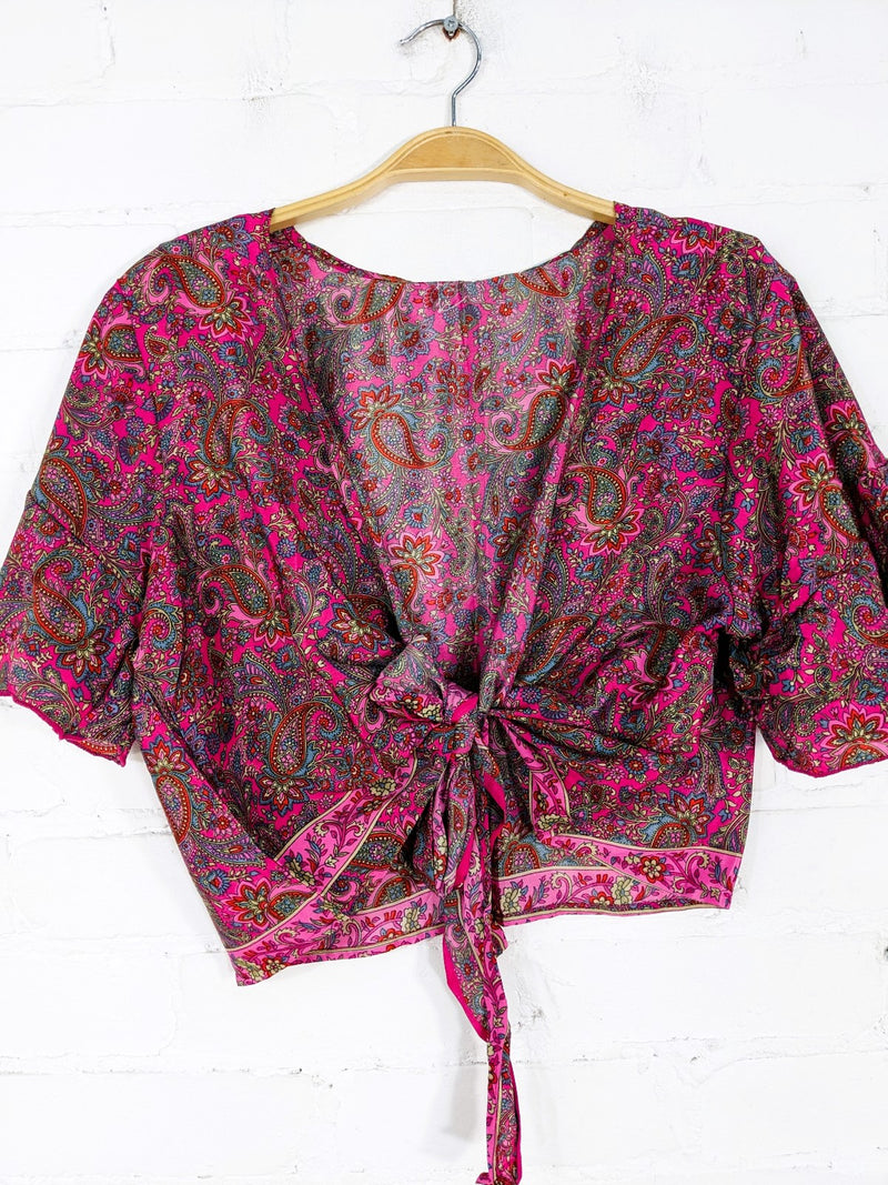 Recycled Sari Silk Short Sleeve Tie Front Top