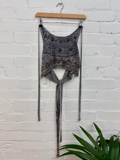 Cropped Embroidered Tie Halter Top