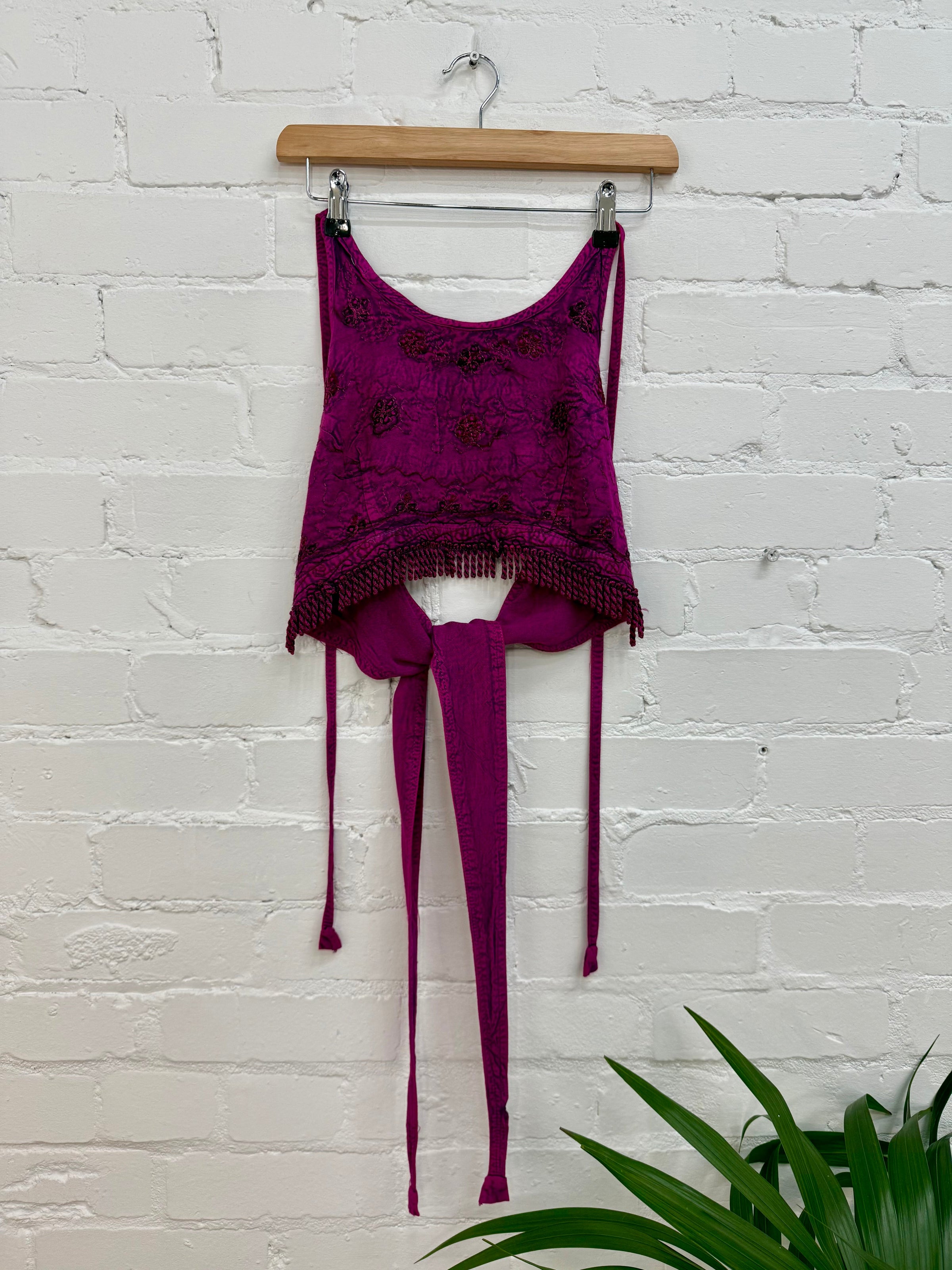 Cropped Embroidered Tie Halter Top