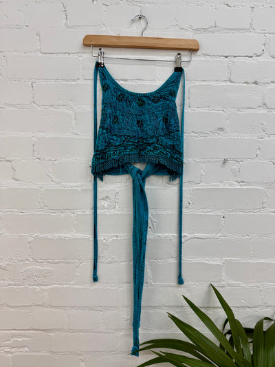 Cropped Embroidered Tie Halter Top