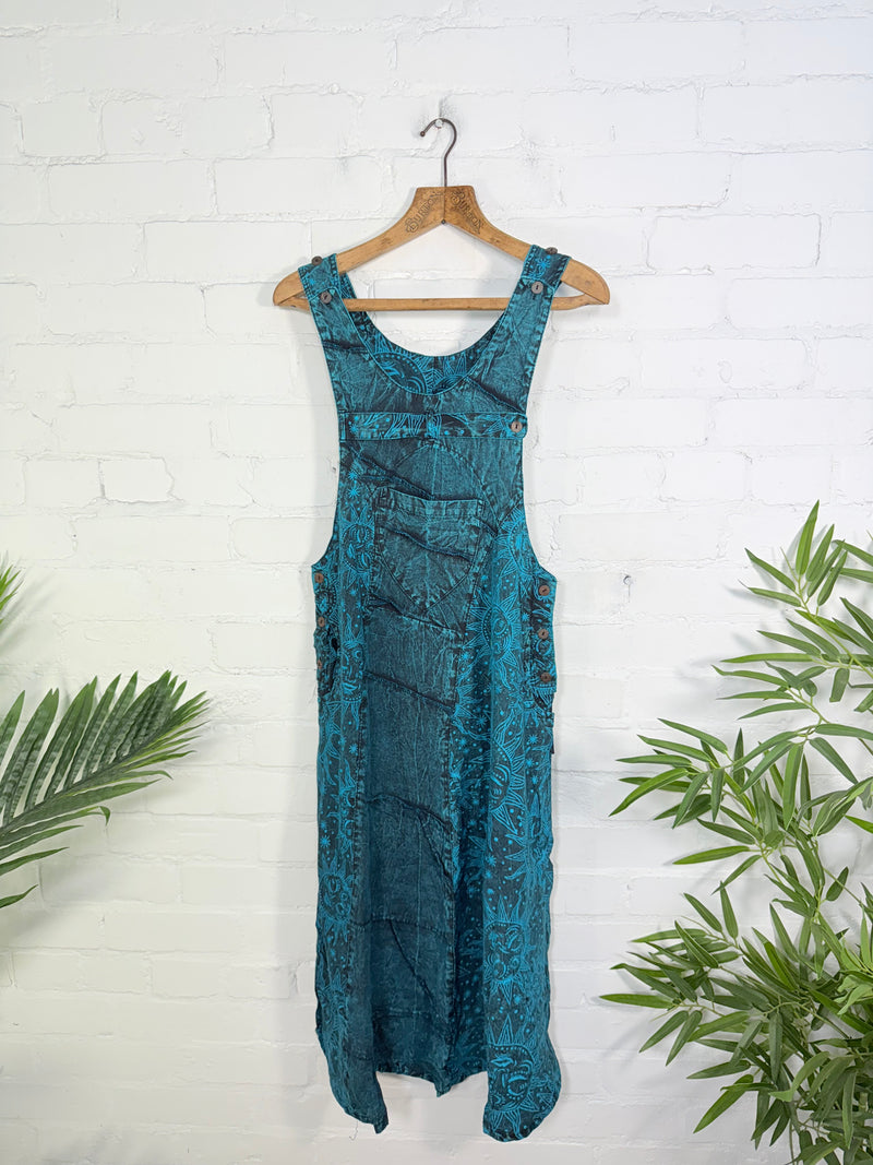 Sun Print Stonewash Long Dungaree Dress