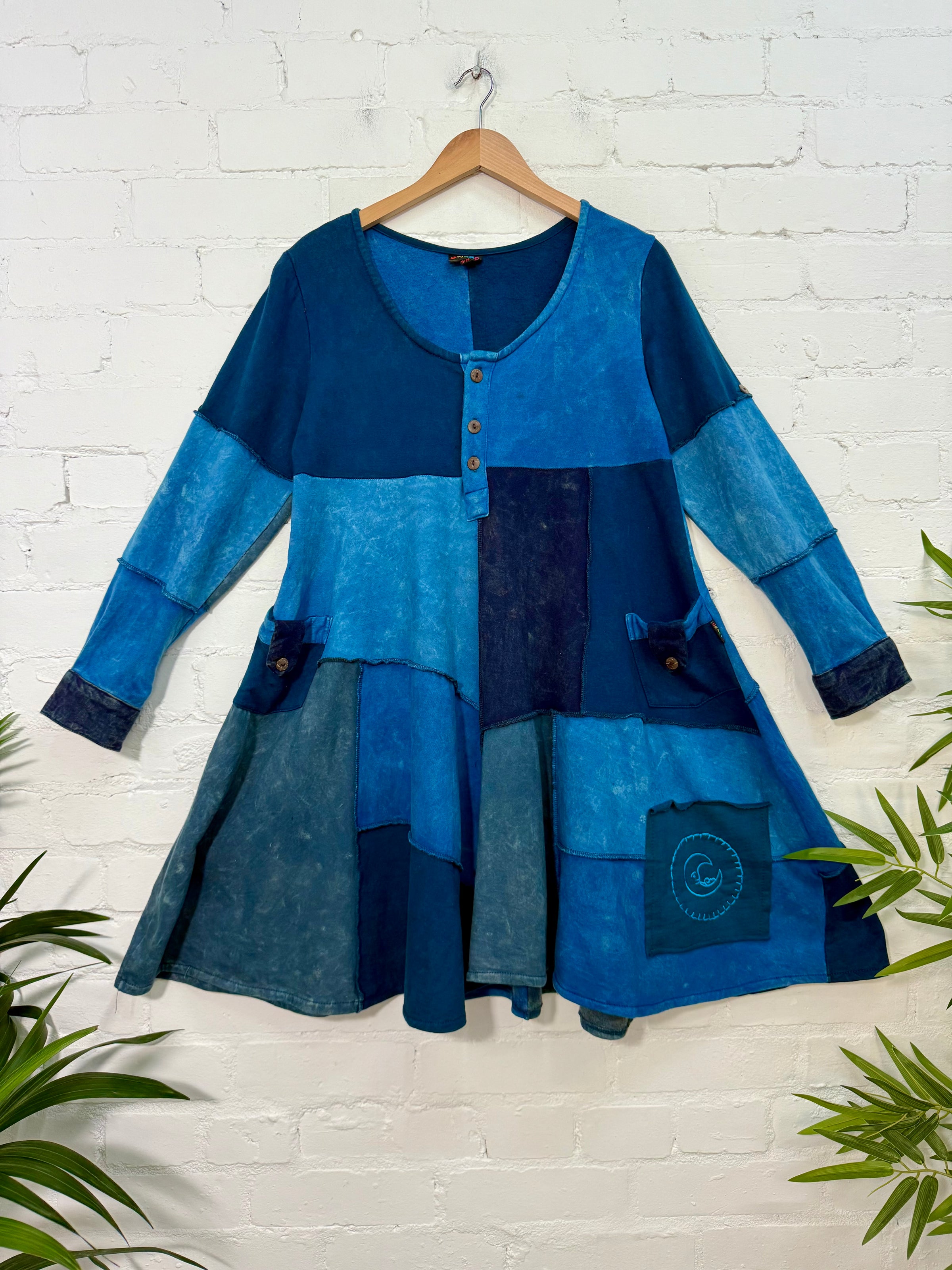 Patchwork Cotton Fleece Long Sleeve Dress