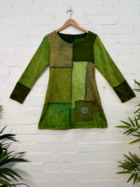 Patchwork Cotton Fleece Long Sleeve Short Dress