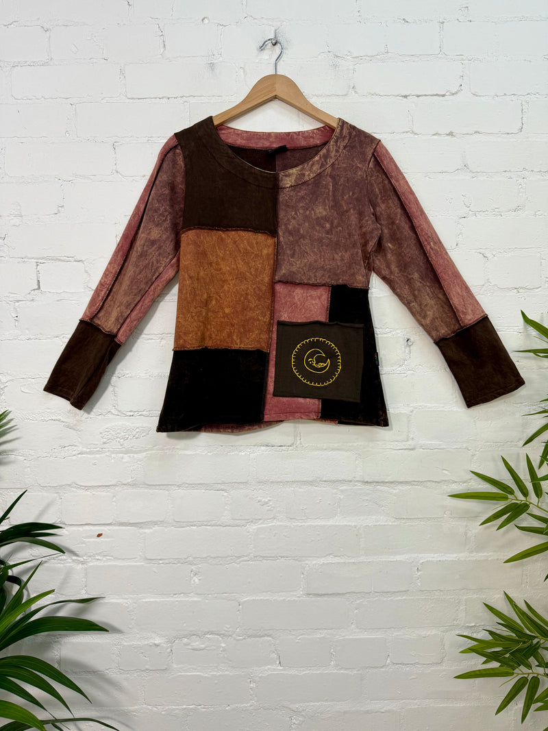 Patchwork Cotton Fleece Long Sleeve Top