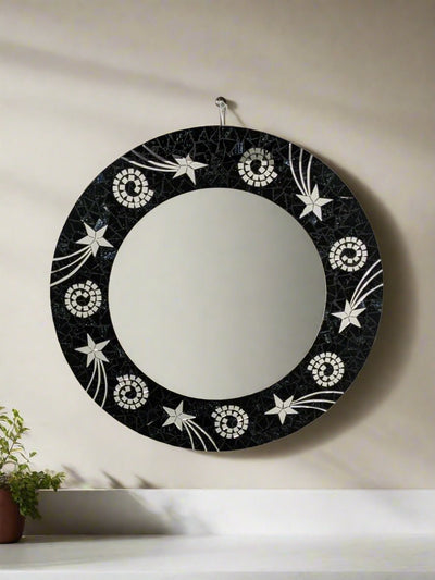 Blue Round Mosaic Stars & Spirals Mirror