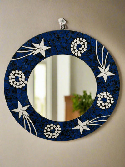 Blue Round Mosaic Stars & Spirals Mirror