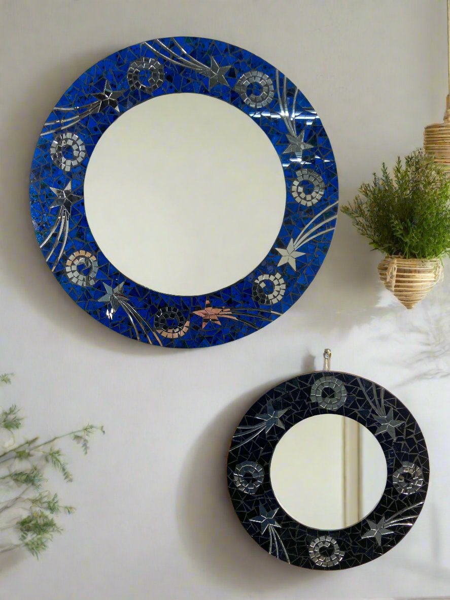 Blue Round Mosaic Stars & Spirals Mirror