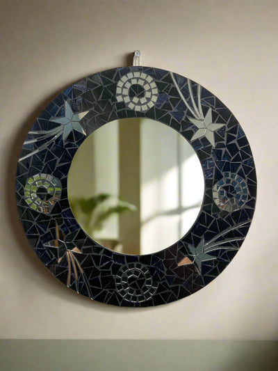 Blue Round Mosaic Stars & Spirals Mirror