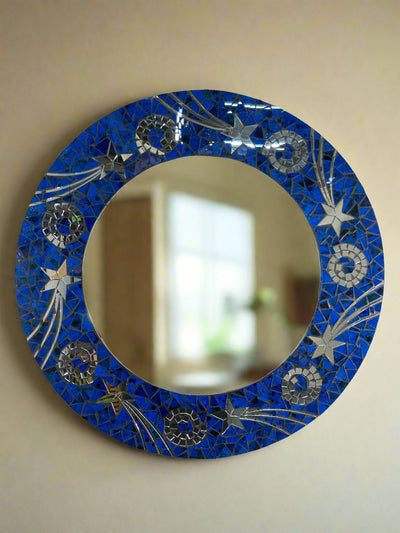 Blue Round Mosaic Stars & Spirals Mirror