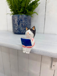 Wooden Reading Cat Shelf Sitter
