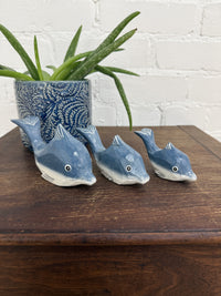Set of Three Blue Wooden Dolphins