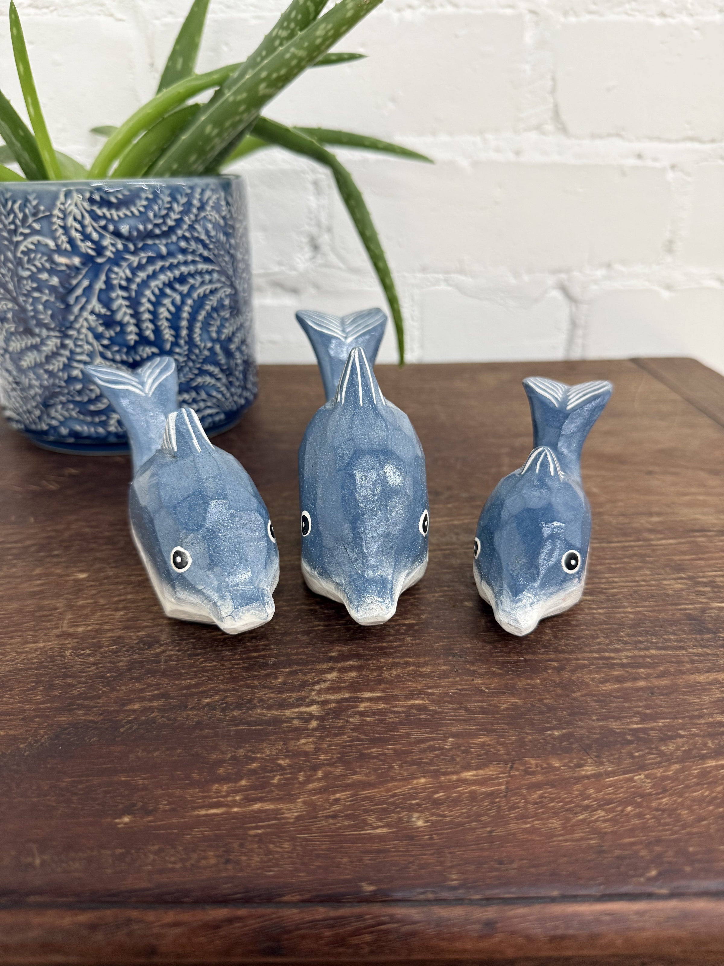 Set of Three Blue Wooden Dolphins