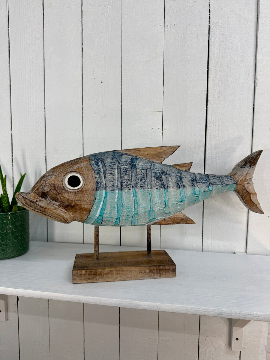 Large Carved Wooden Fish on Stand