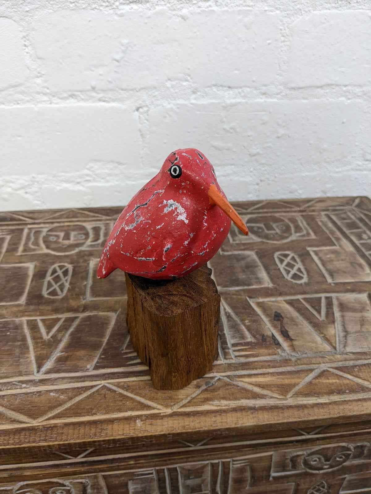 White Wooden Painted Bird On Driftwood Stand