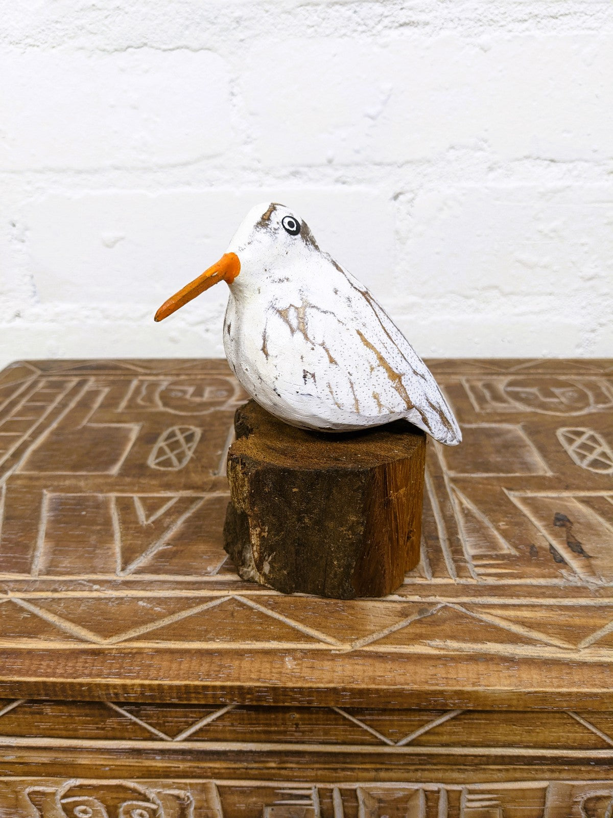 White Wooden Painted Bird On Driftwood Stand