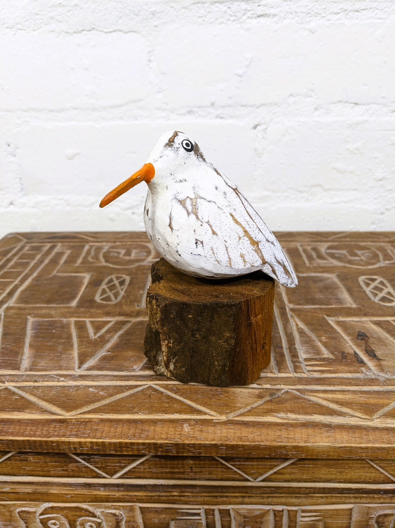White Wooden Painted Bird On Driftwood Stand