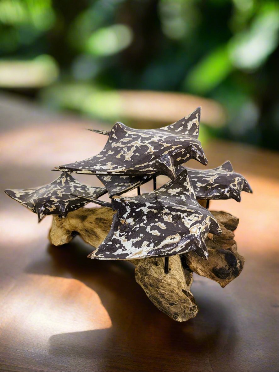 Five Stingrays On Driftwood