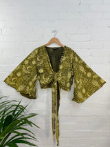 Screen Print Flared Sleeve Tie Wrap Top