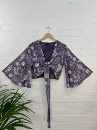 Screen Print Flared Sleeve Tie Wrap Top